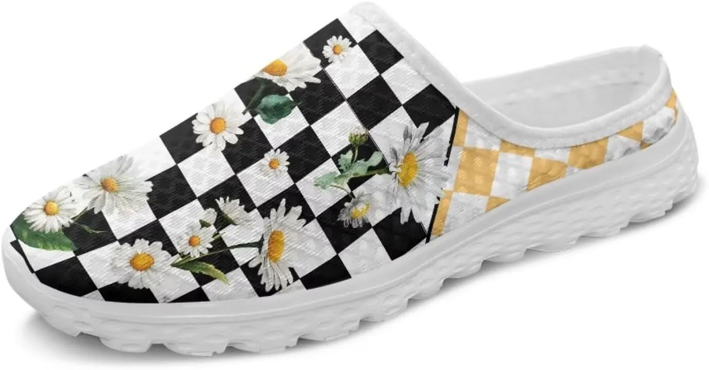 Checkerboard Womens Slip On Clogs Mules Slip-On Walking Yoga Shoes Breathable Mesh Slippers Garden Loafers