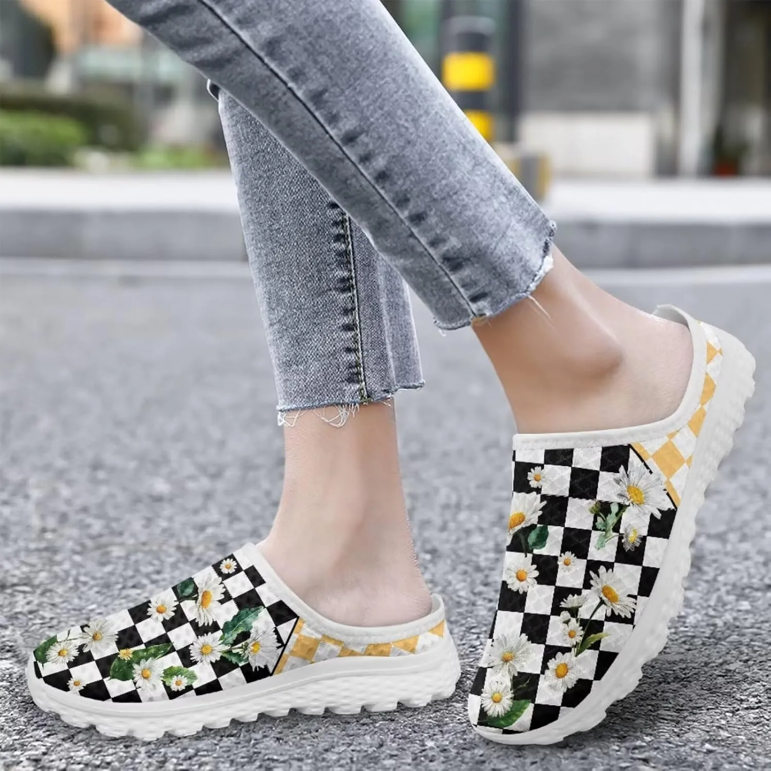 Checkerboard Womens Slip On Clogs Mules Slip-On Walking Yoga Shoes Breathable Mesh Slippers Garden Loafers