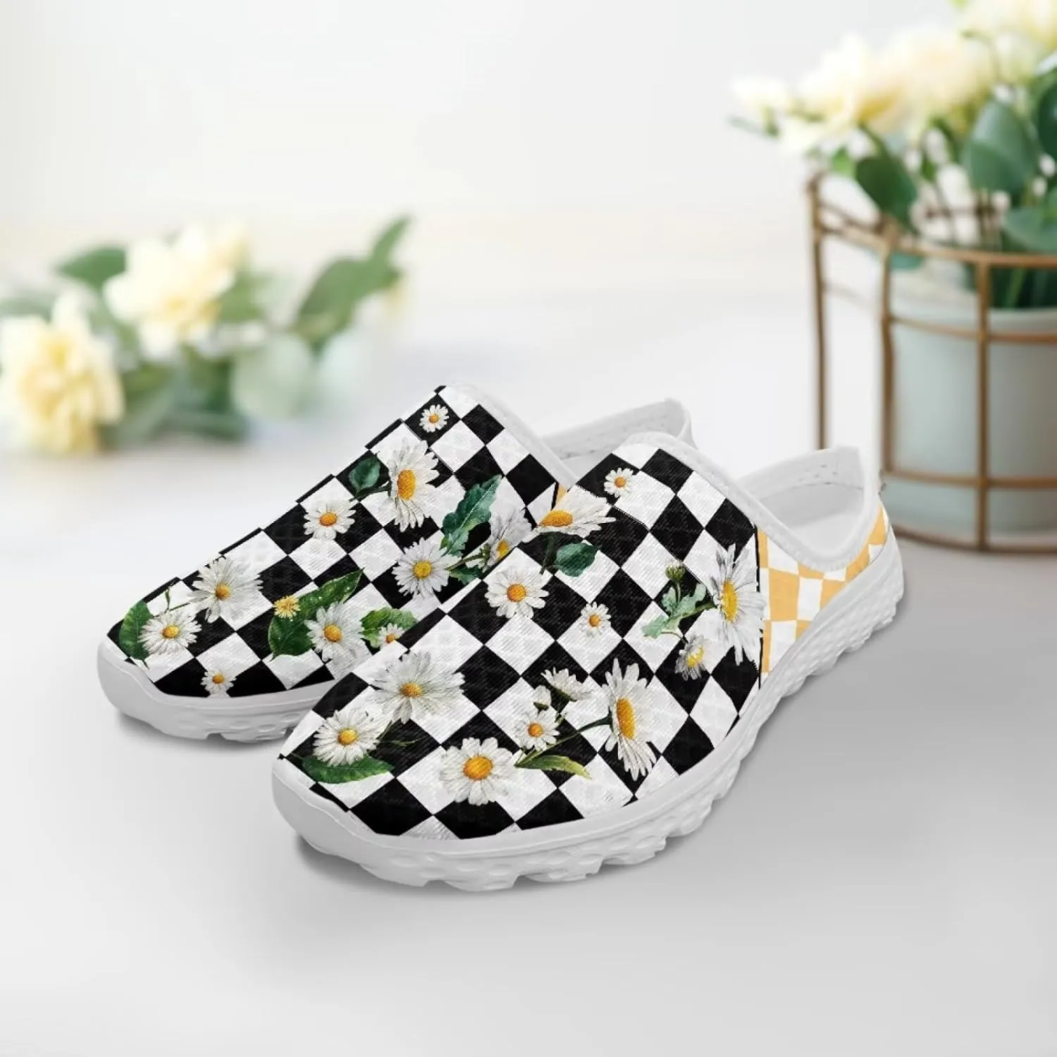 Checkerboard Womens Slip On Clogs Mules Slip-On Walking Yoga Shoes Breathable Mesh Slippers Garden Loafers
