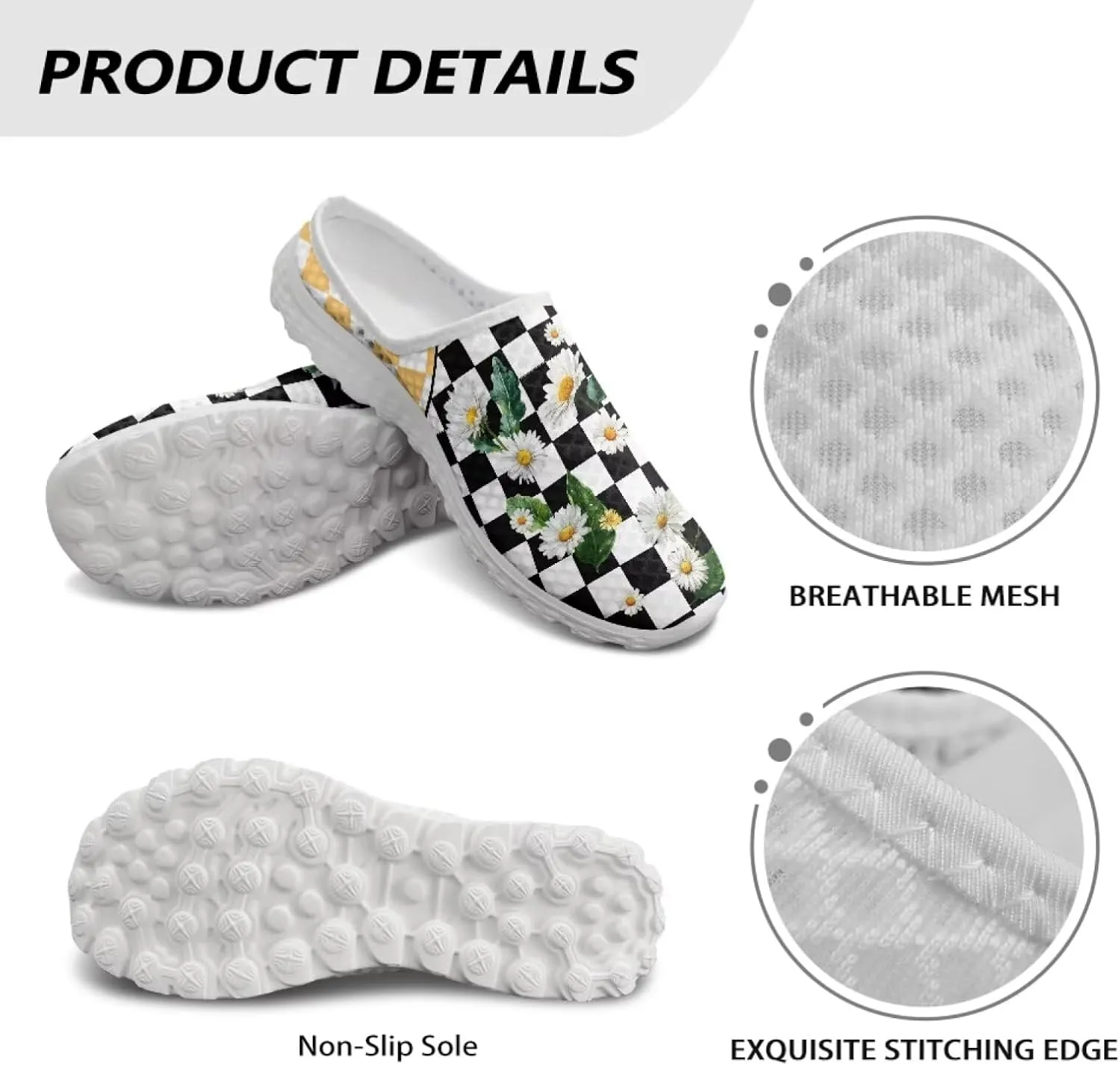 Checkerboard Womens Slip On Clogs Mules Slip-On Walking Yoga Shoes Breathable Mesh Slippers Garden Loafers