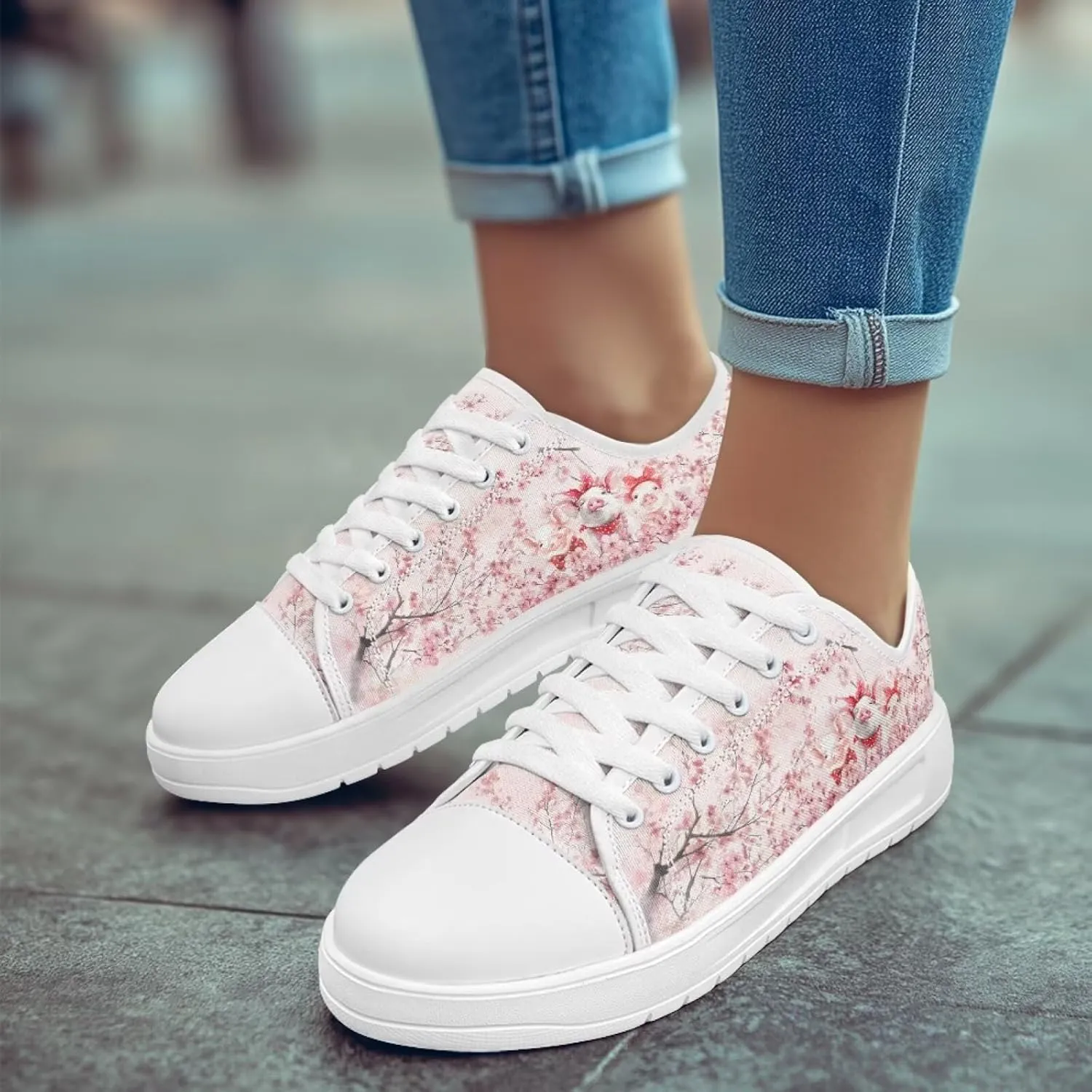 Cherry Blossoms Canvas Shoes for Women Classic Low Top Sneakers Fashion Slip on Work Shoes for Daily Walks