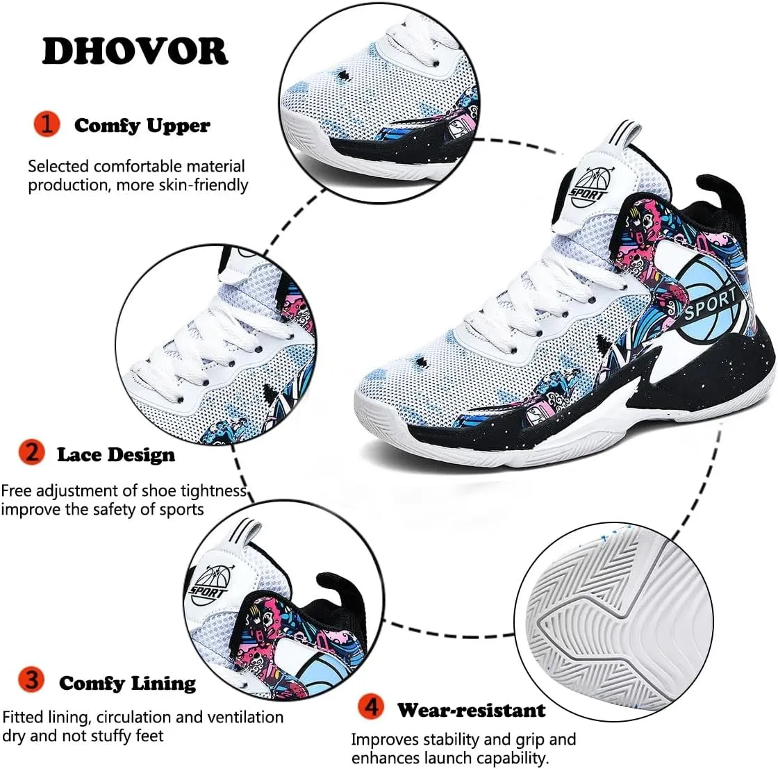 DHOVOR Boys Basketball Shoes Kids Athletic Shoes Fashion Sneakers Non-Slip Tennis Shoes Boys Running Shoes (Little Kid/Big Kid)