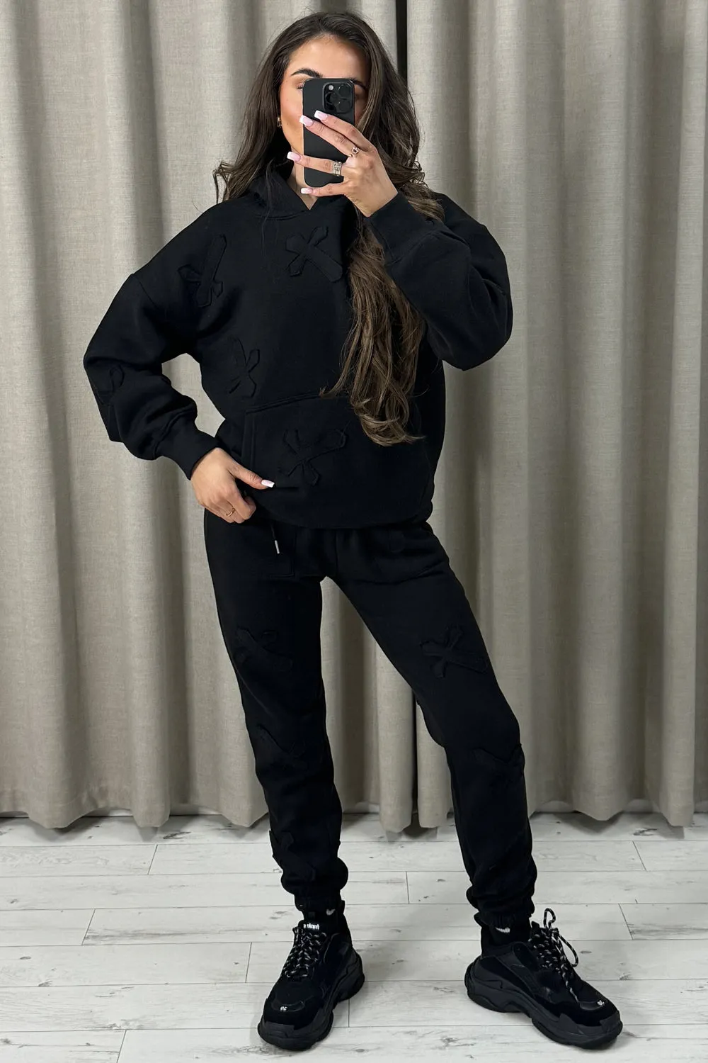 Keely Black Cross Detail Oversized Hoodie and Joggers Tracksuit Set