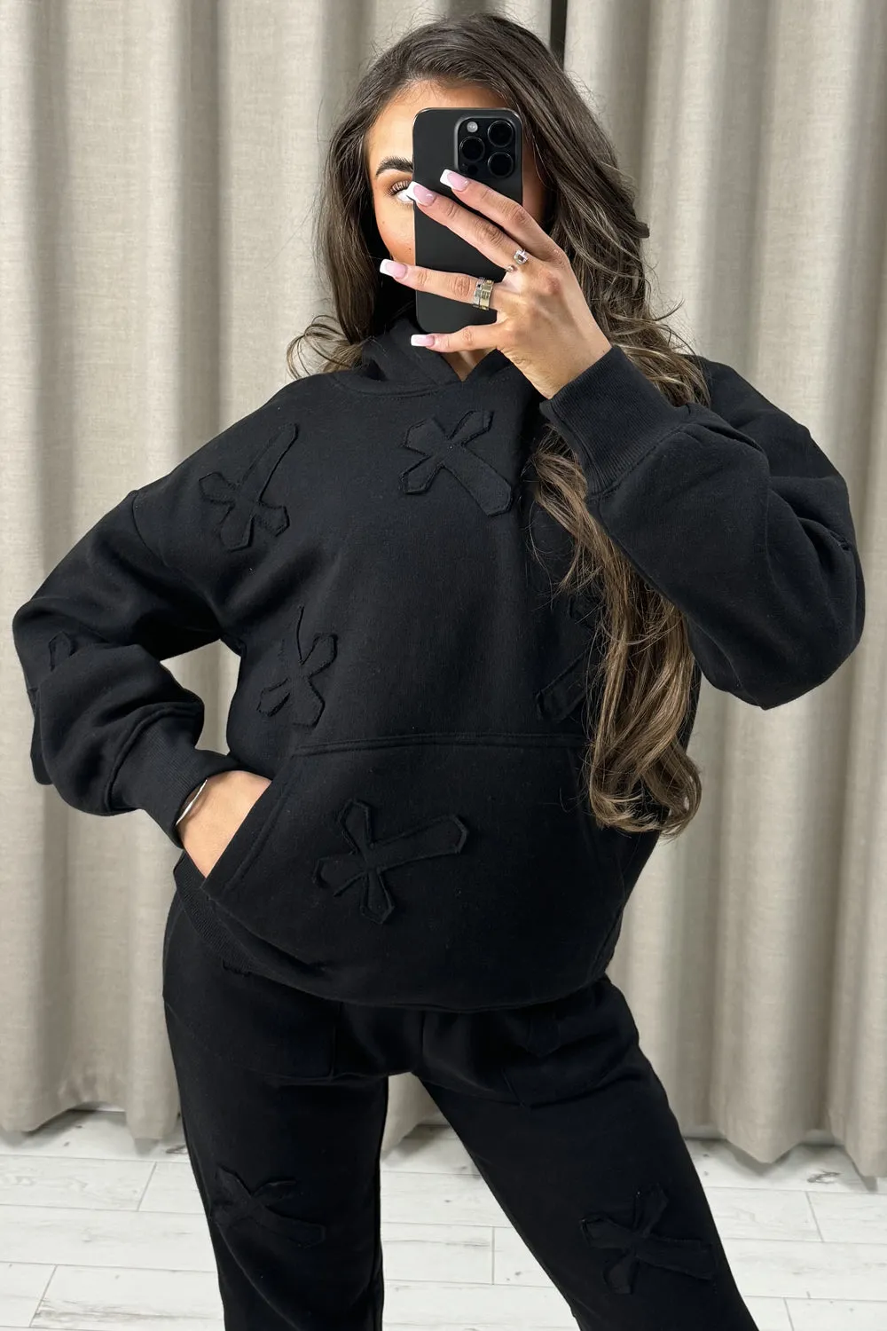 Keely Black Cross Detail Oversized Hoodie and Joggers Tracksuit Set