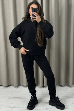 Keely Black Cross Detail Oversized Hoodie and Joggers Tracksuit Set