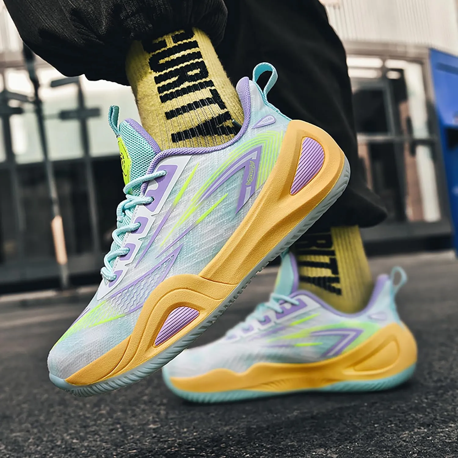 Men's Women's High-Top Basketball Shoes - Breathable Mesh with Cushioned Midsole & Non-Slip Rubber Outsole, Vibrant Split-Color Design Sport Shoes, Indoor/Outdoor Court Sneakers