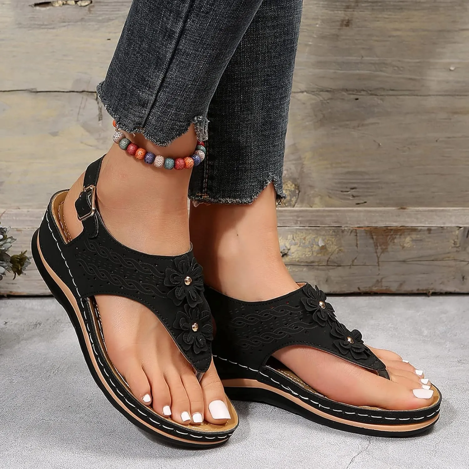 Orthopedic Sandals with Flowers for Women Dressy Summer Orthopedic Wedge Sandals for Women Womans Sandals with Arch Support Orthopedic Womens Sandals with Arch Support Black Casual Summer Shoes