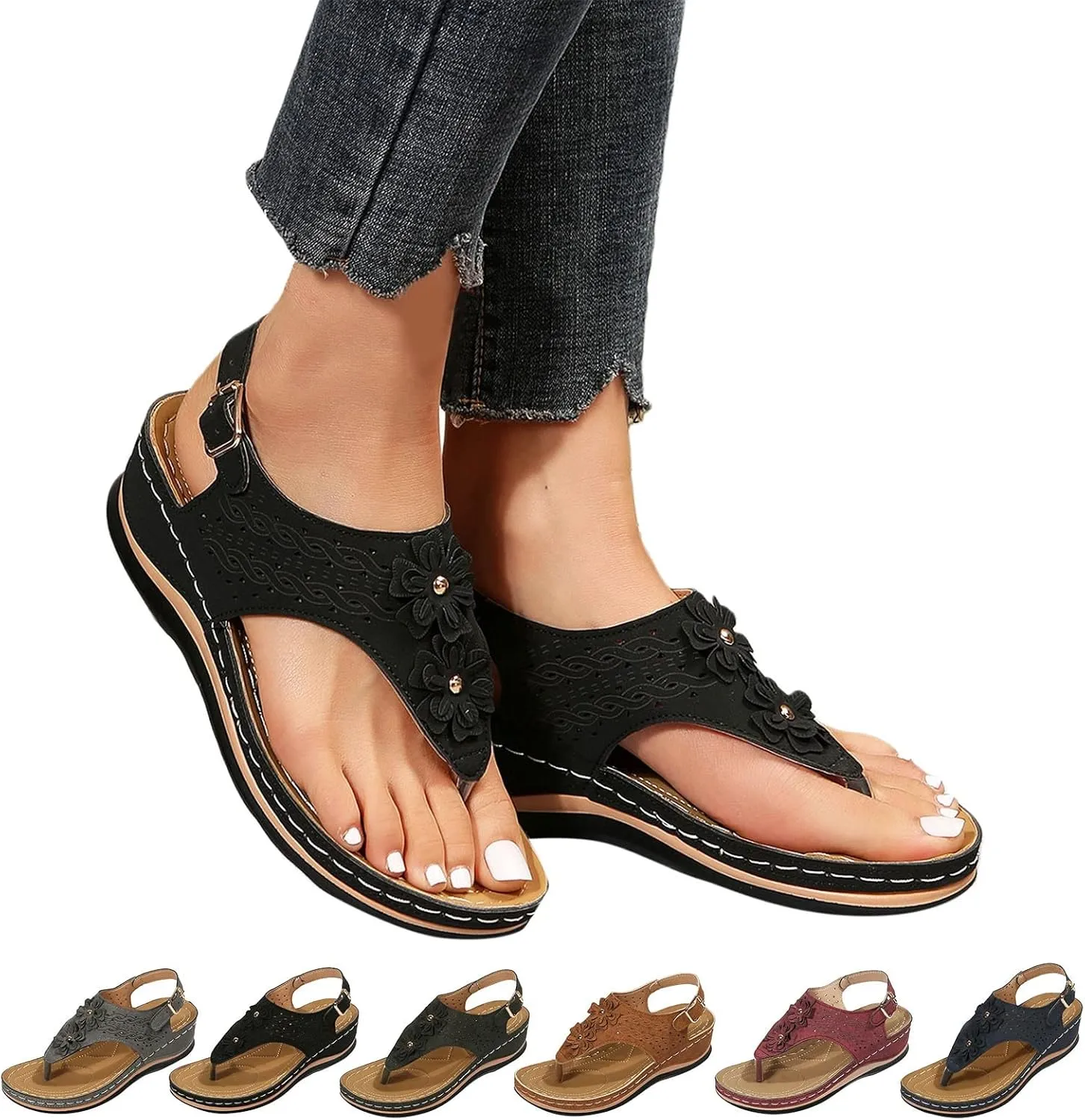 Orthopedic Sandals with Flowers for Women Dressy Summer Orthopedic Wedge Sandals for Women Womans Sandals with Arch Support Orthopedic Womens Sandals with Arch Support Black Casual Summer Shoes