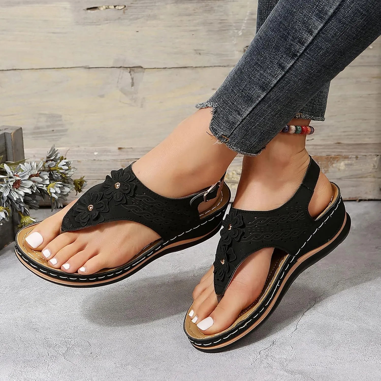 Orthopedic Sandals with Flowers for Women Dressy Summer Orthopedic Wedge Sandals for Women Womans Sandals with Arch Support Orthopedic Womens Sandals with Arch Support Black Casual Summer Shoes