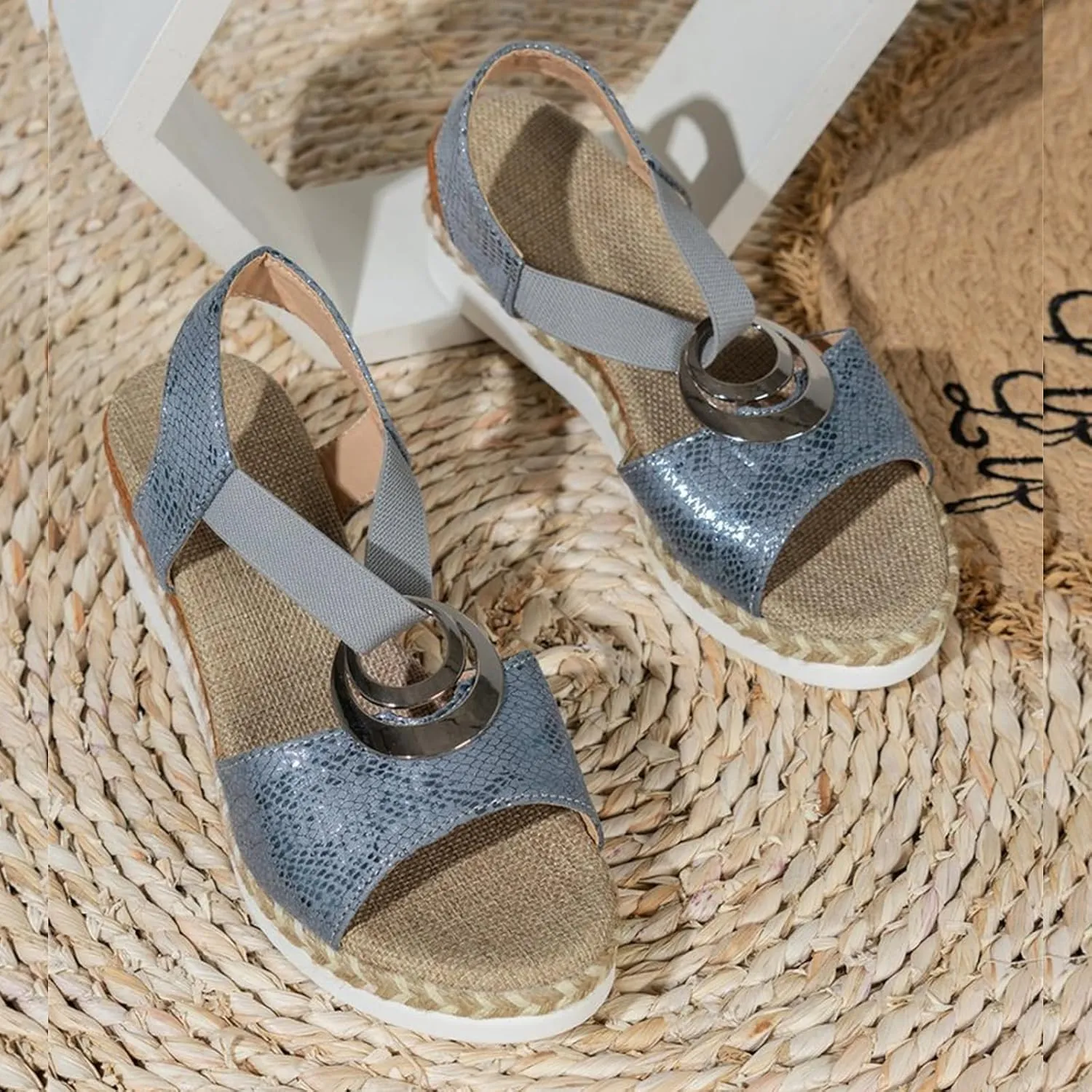 Orthopedic Wedge Sandals for Women Fashion Bohemian Leather Sandals Flat Open Toe Ankle Strap Espadrilles Walking Shoes Summer Lightweight Solid Color Outdoor Shoes Breathable Card Wedge Sneaker