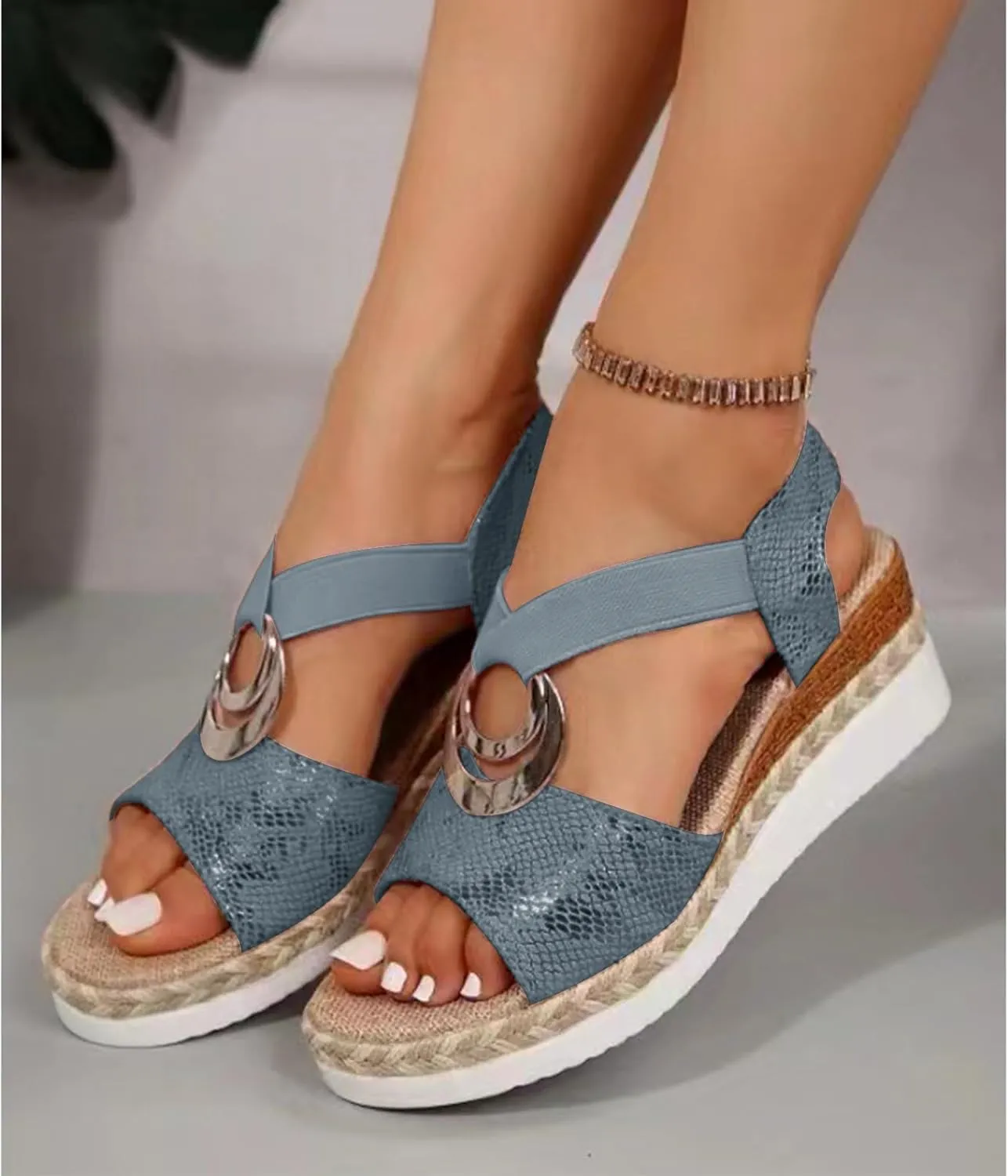 Orthopedic Wedge Sandals for Women Fashion Bohemian Leather Sandals Flat Open Toe Ankle Strap Espadrilles Walking Shoes Summer Lightweight Solid Color Outdoor Shoes Breathable Card Wedge Sneaker