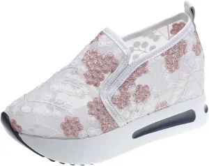 Platform Wedge Shoes for Women Breathable Floral Embroidery Shoes Dressy Casual Chunky Sole Sneakers Sheer Mesh High Heel Tennis Shoe Comfortable Walking Shoe