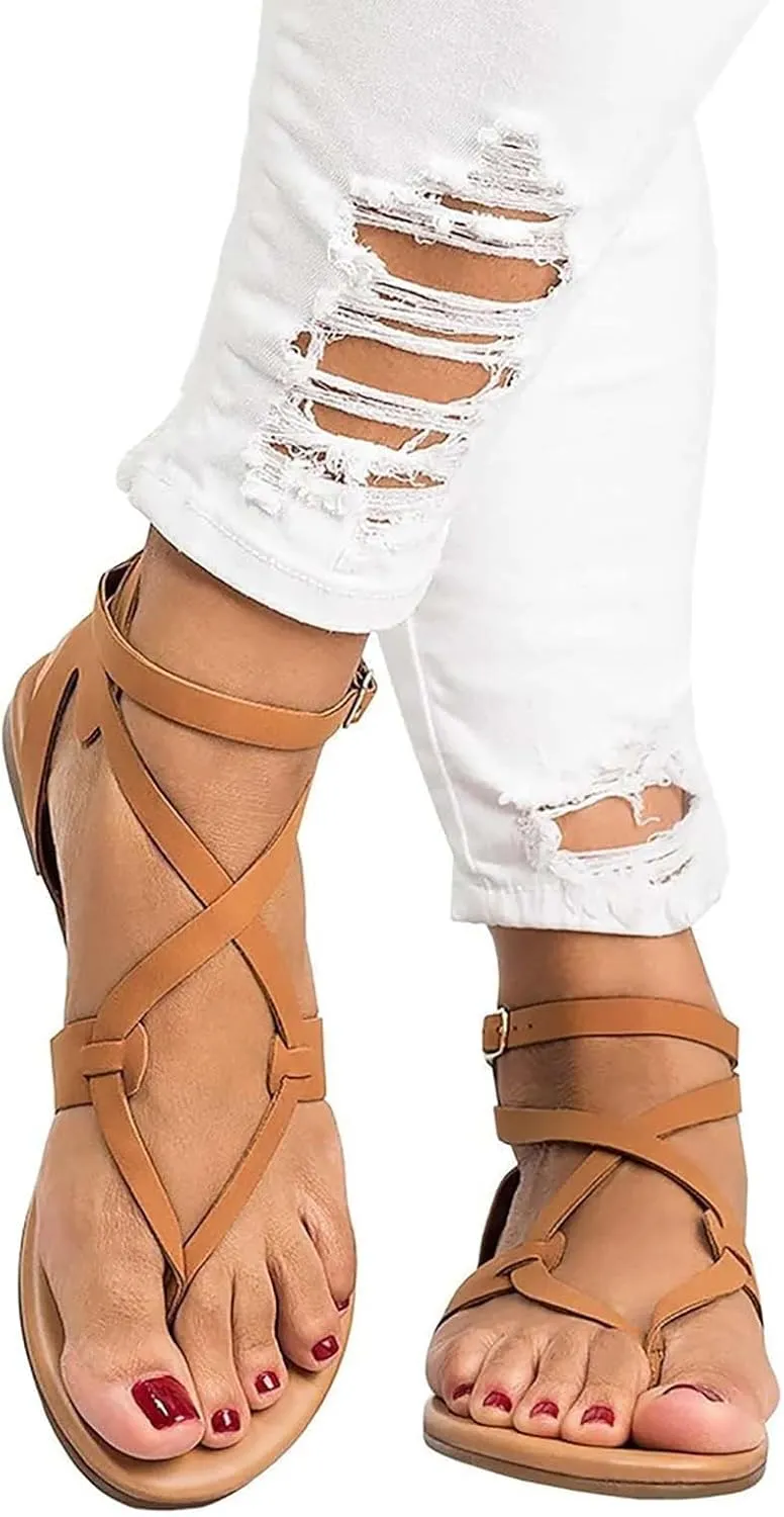 Sandals For Women Strappy Flat Sandals Flip Flops Clip Toe T-Strap Sandal Shoes for Beach Ankle Strap Sandals
