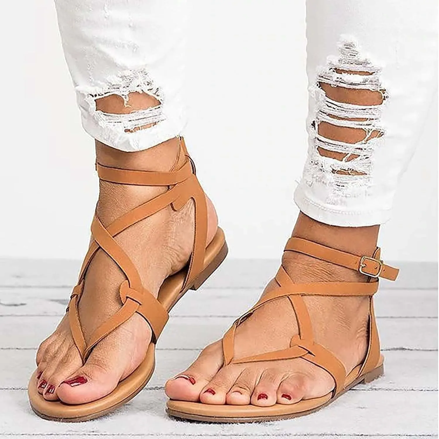 Sandals For Women Strappy Flat Sandals Flip Flops Clip Toe T-Strap Sandal Shoes for Beach Ankle Strap Sandals