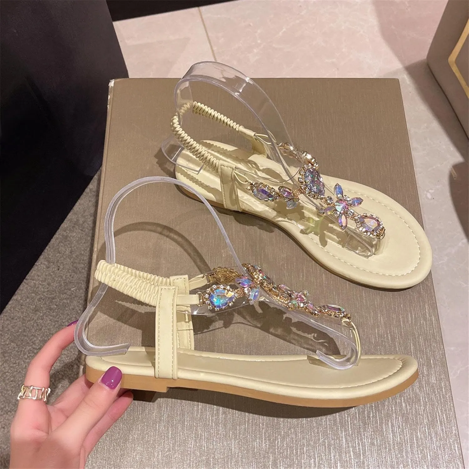 Thong Sandals for Women Elastic T Strap Flip Flops Ladies Boho Sandals Casual Flat Shoes Orthopedic Flip Flops Women