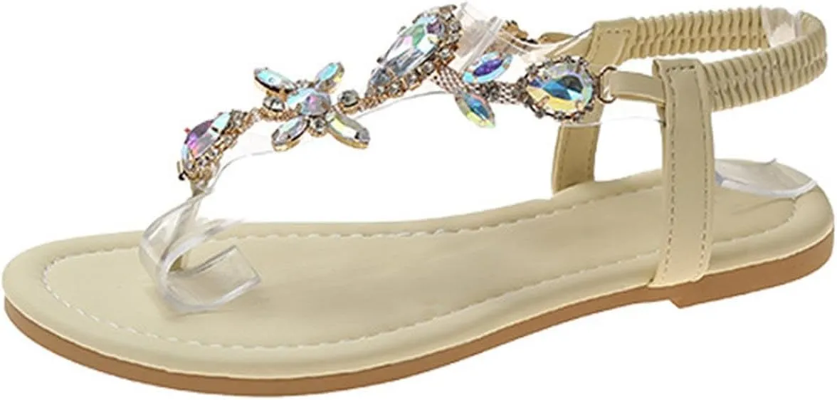 Thong Sandals for Women Elastic T Strap Flip Flops Ladies Boho Sandals Casual Flat Shoes Orthopedic Flip Flops Women
