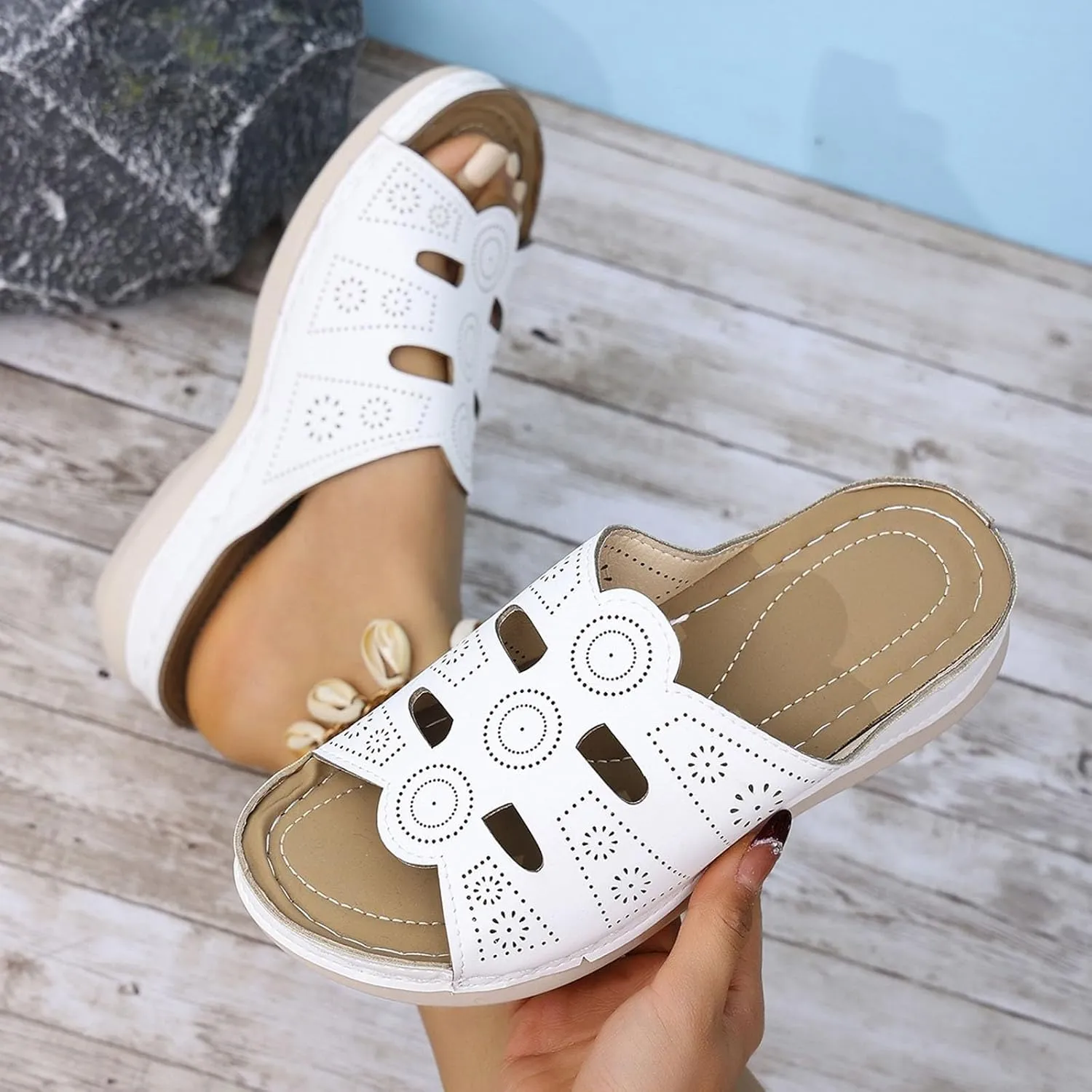 Wedge Sandals for Women Hollow Out Arch Support Sandals Elegant Dressy Low Heel Sandal Casual Summer Open Toe Slip on Lightweight Walking Shoes Boho Beach Vacation Shoes