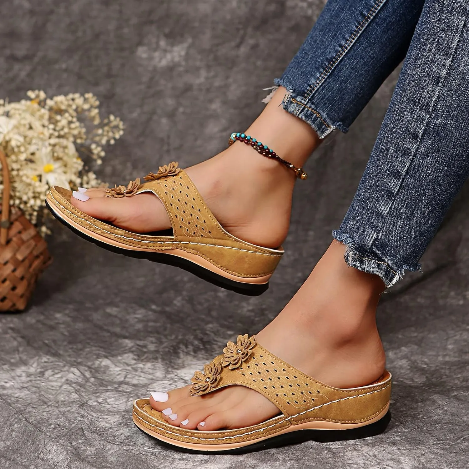 Wedge Sandals for Women Orthopedic Sandals with Arch Support Wedges Thong Sandals Slides Open Toe Flip Flops Sandals