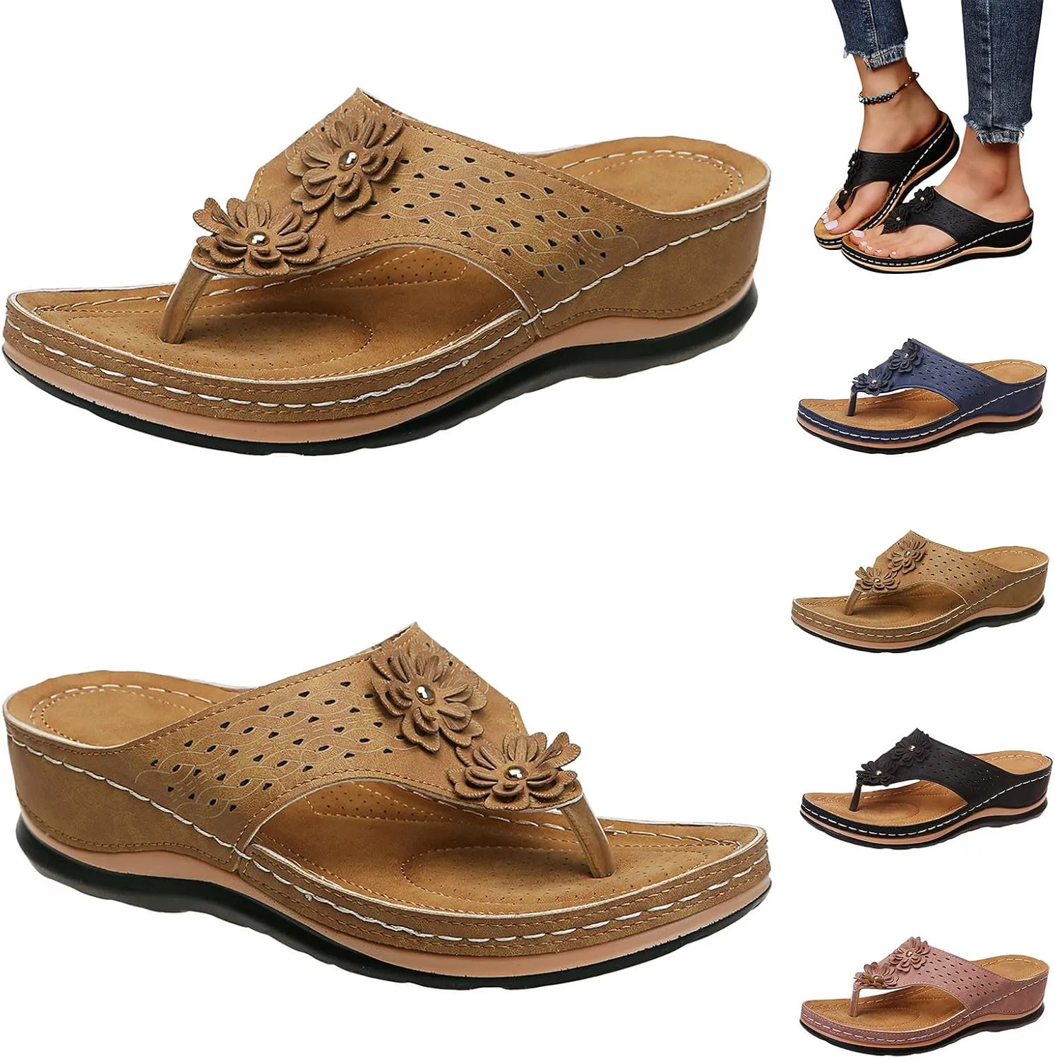 Wedge Sandals for Women Orthopedic Sandals with Arch Support Wedges Thong Sandals Slides Open Toe Flip Flops Sandals