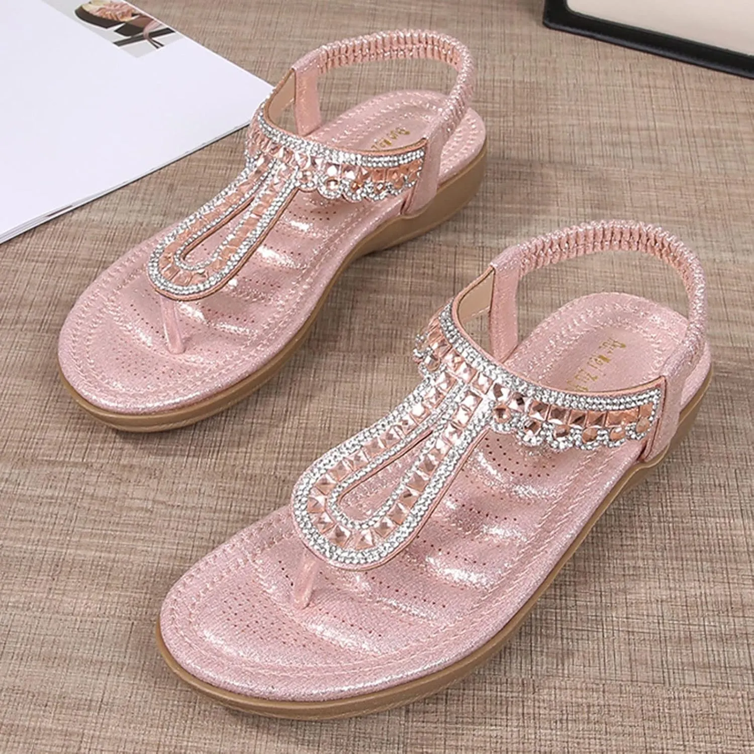 Women's Beach Sandals T-strap Low Wedges Slip On Walking Flat Lightweight Flip Flops Women Orthopedic Sandals
