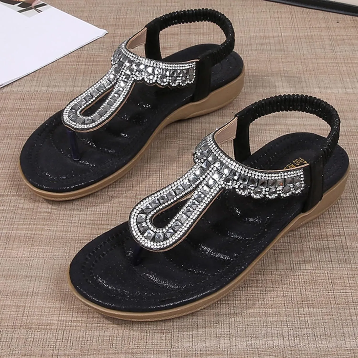 Women's Beach Sandals T-strap Low Wedges Slip On Walking Flat Lightweight Flip Flops Women Orthopedic Sandals