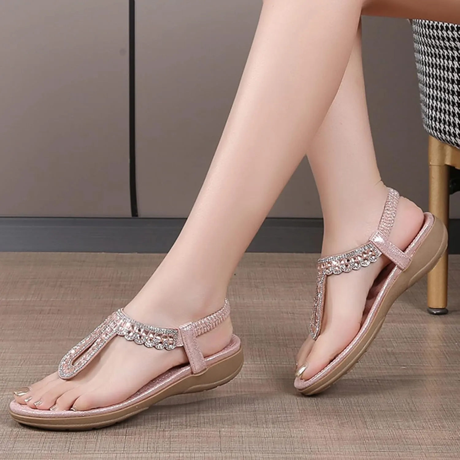 Women's Beach Sandals T-strap Low Wedges Slip On Walking Flat Lightweight Flip Flops Women Orthopedic Sandals
