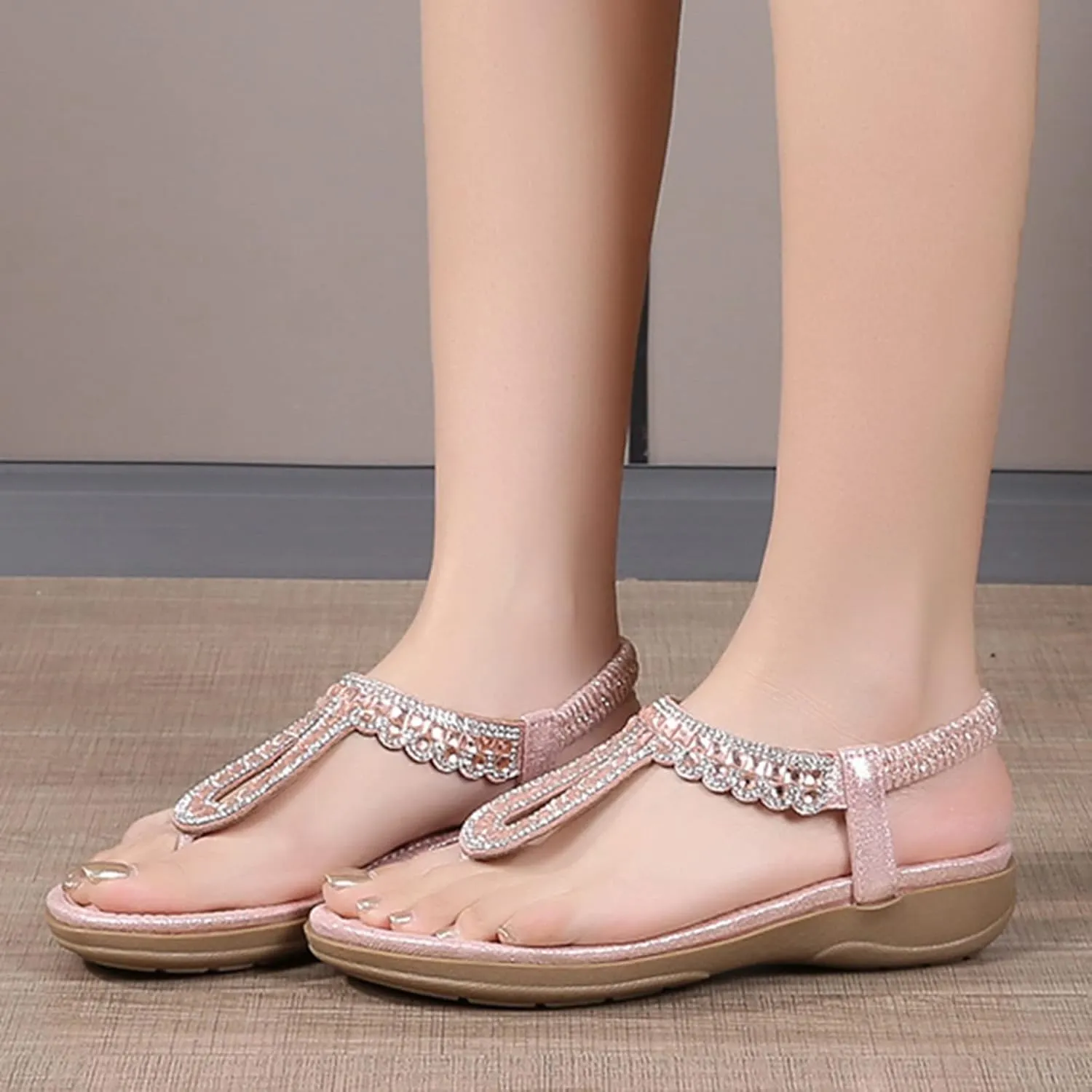 Women's Beach Sandals T-strap Low Wedges Slip On Walking Flat Lightweight Flip Flops Women Orthopedic Sandals