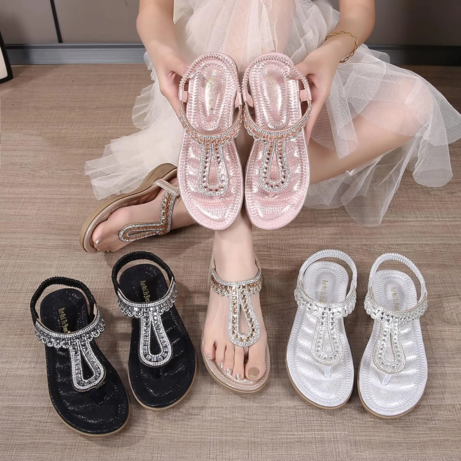 Women's Beach Sandals T-strap Low Wedges Slip On Walking Flat Lightweight Flip Flops Women Orthopedic Sandals