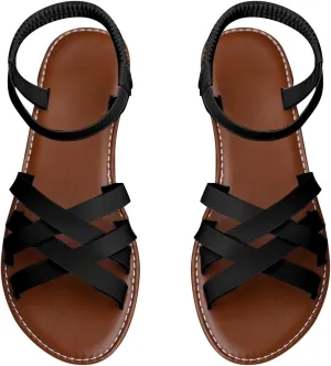 Womens Dressy Flat Sandals Elastic Ankle Strap Bohemian Summer Shoes Comfortable Beach Walking Slides Lightweight Casual Outdoor Footwear Orthopedic Shoes for Women