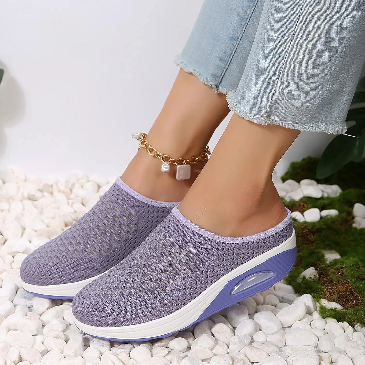 Women's Mules Clogs Shoes Breathable Mesh Wedge Walking Shoes Platform Sneakers Sport Sandals Casual Sneakers