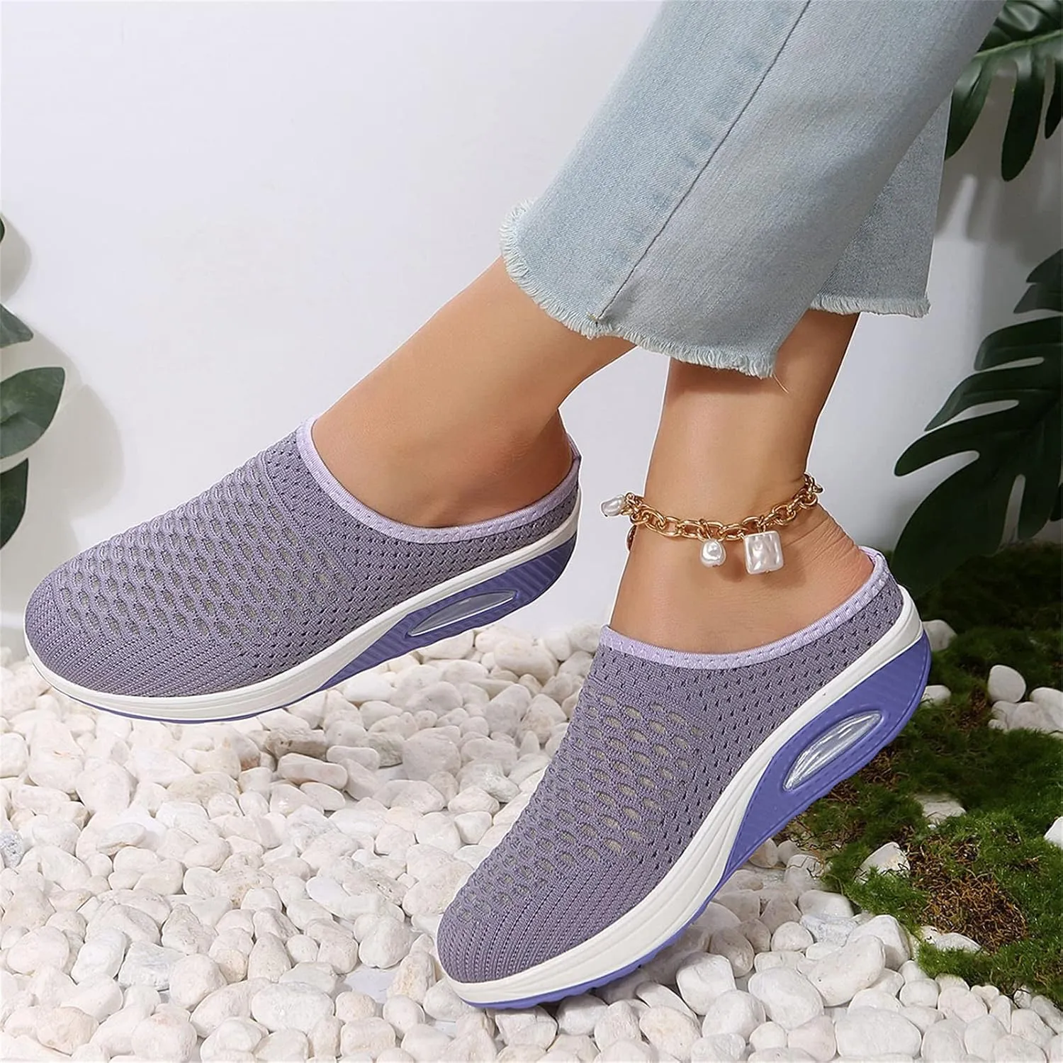 Women's Mules Clogs Shoes Breathable Mesh Wedge Walking Shoes Platform Sneakers Sport Sandals Casual Sneakers