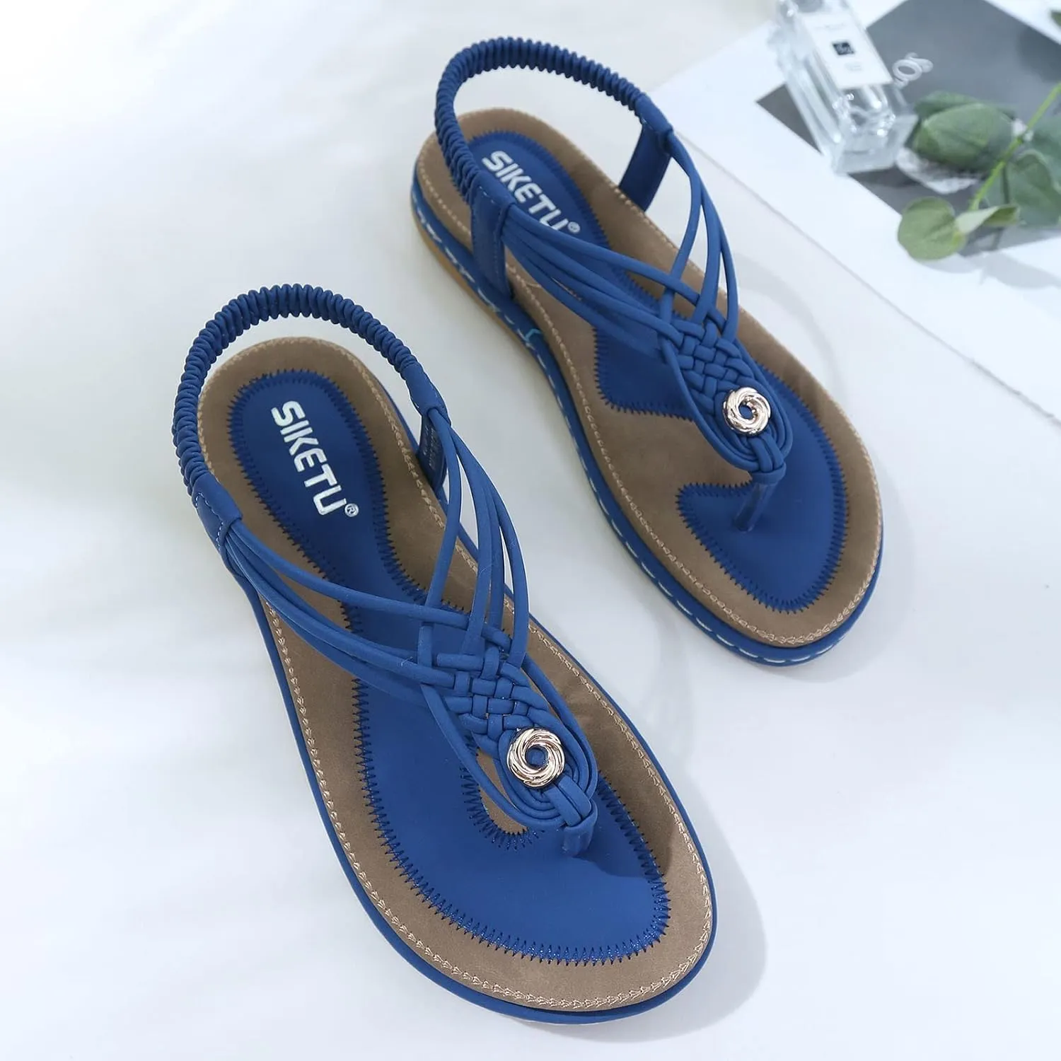 Women's Sandal T-Strap Flat Flats Glitter Thong Flip Flops Elastic Ankle Strap Dress Shoes Summer Open Toe Sandal