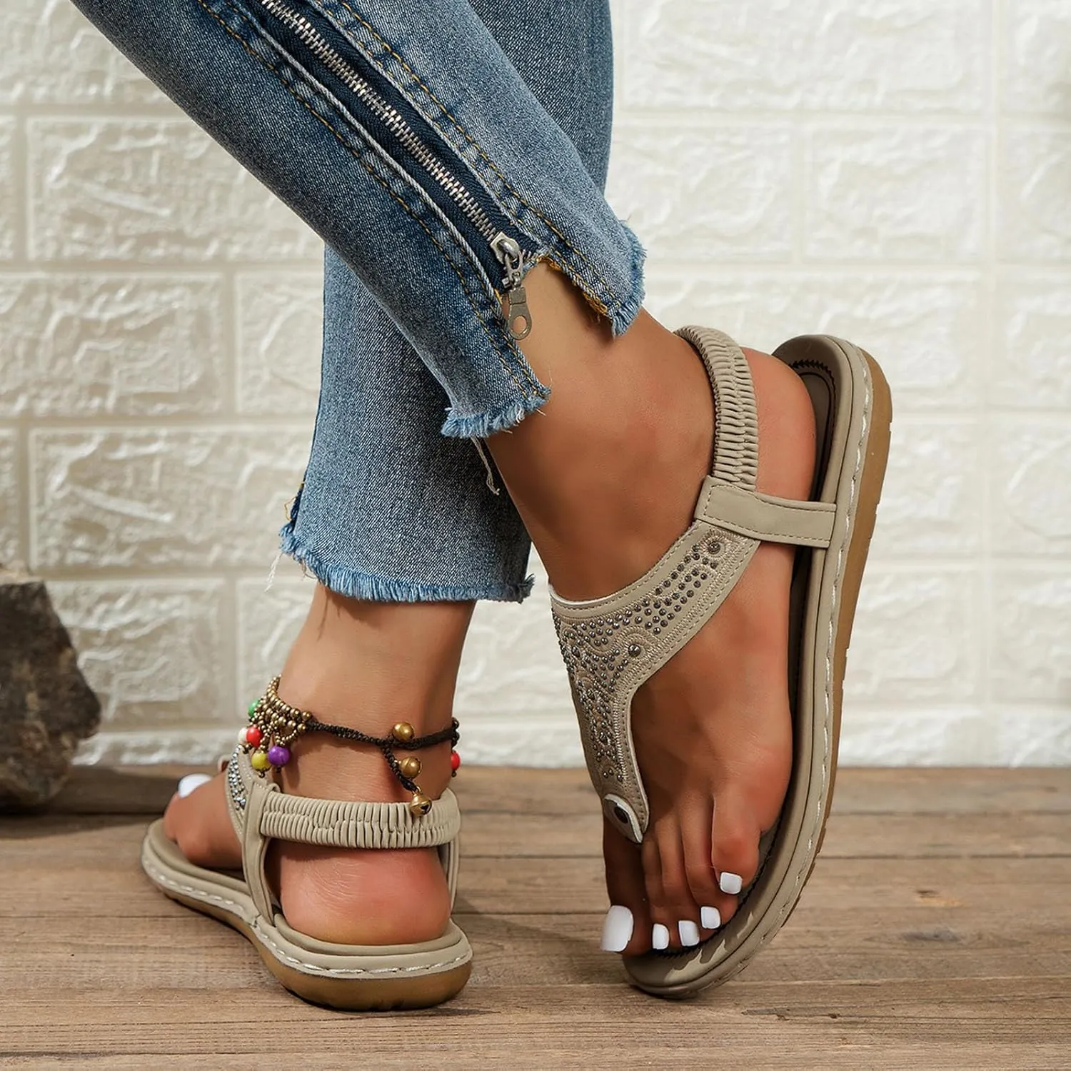 Womens Sandals Arch Support Slingback Sandals Summer Beach Shoes Ankle Strap Thong Elastic Flat Sandals for Women