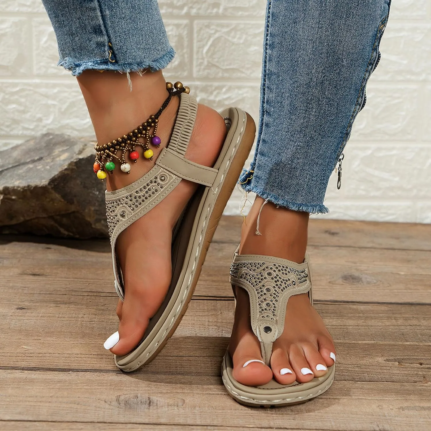 Womens Sandals Arch Support Slingback Sandals Summer Beach Shoes Ankle Strap Thong Elastic Flat Sandals for Women