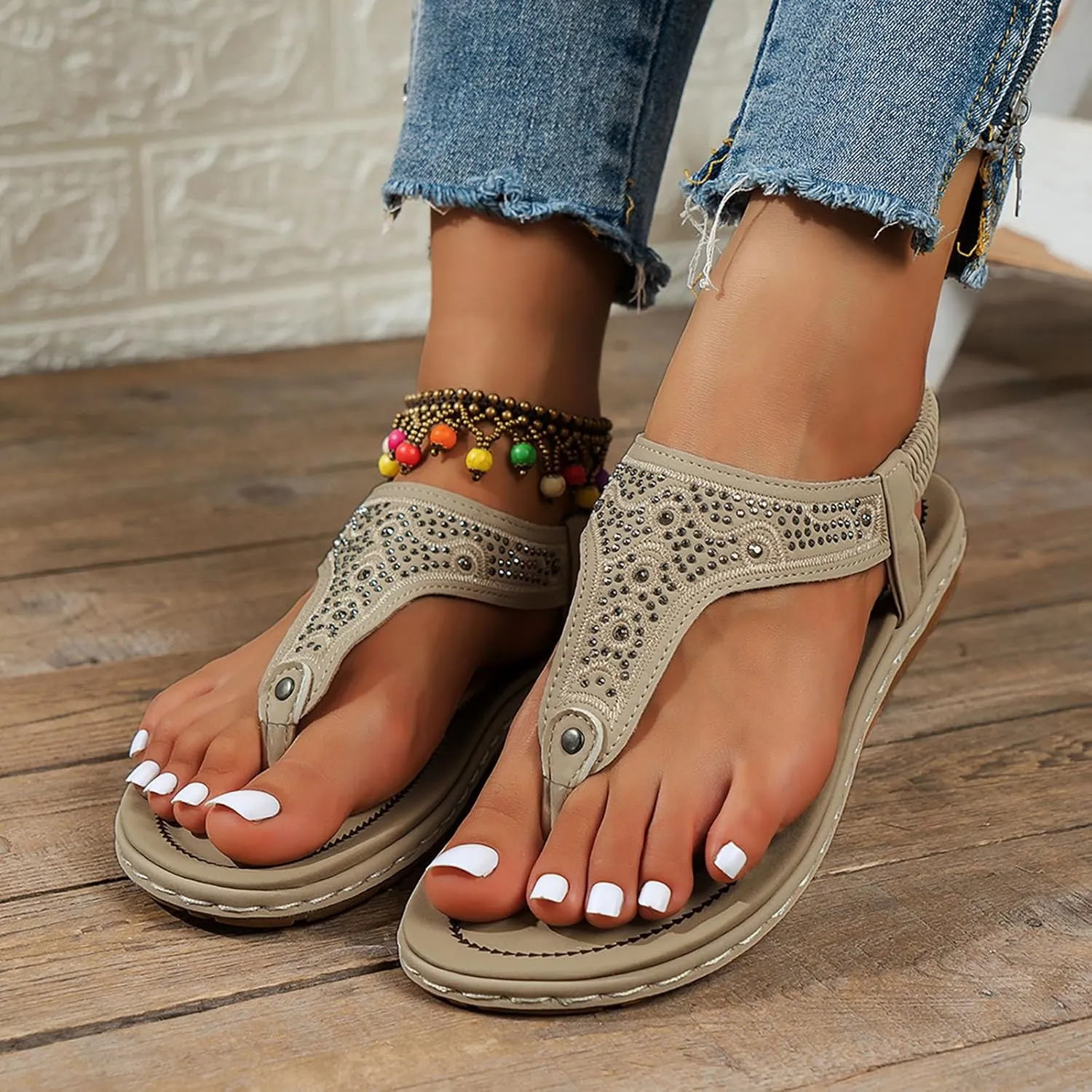 Womens Sandals Arch Support Slingback Sandals Summer Beach Shoes Ankle Strap Thong Elastic Flat Sandals for Women