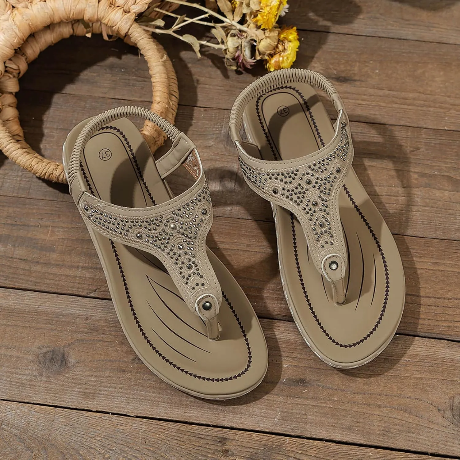 Womens Sandals Arch Support Slingback Sandals Summer Beach Shoes Ankle Strap Thong Elastic Flat Sandals for Women