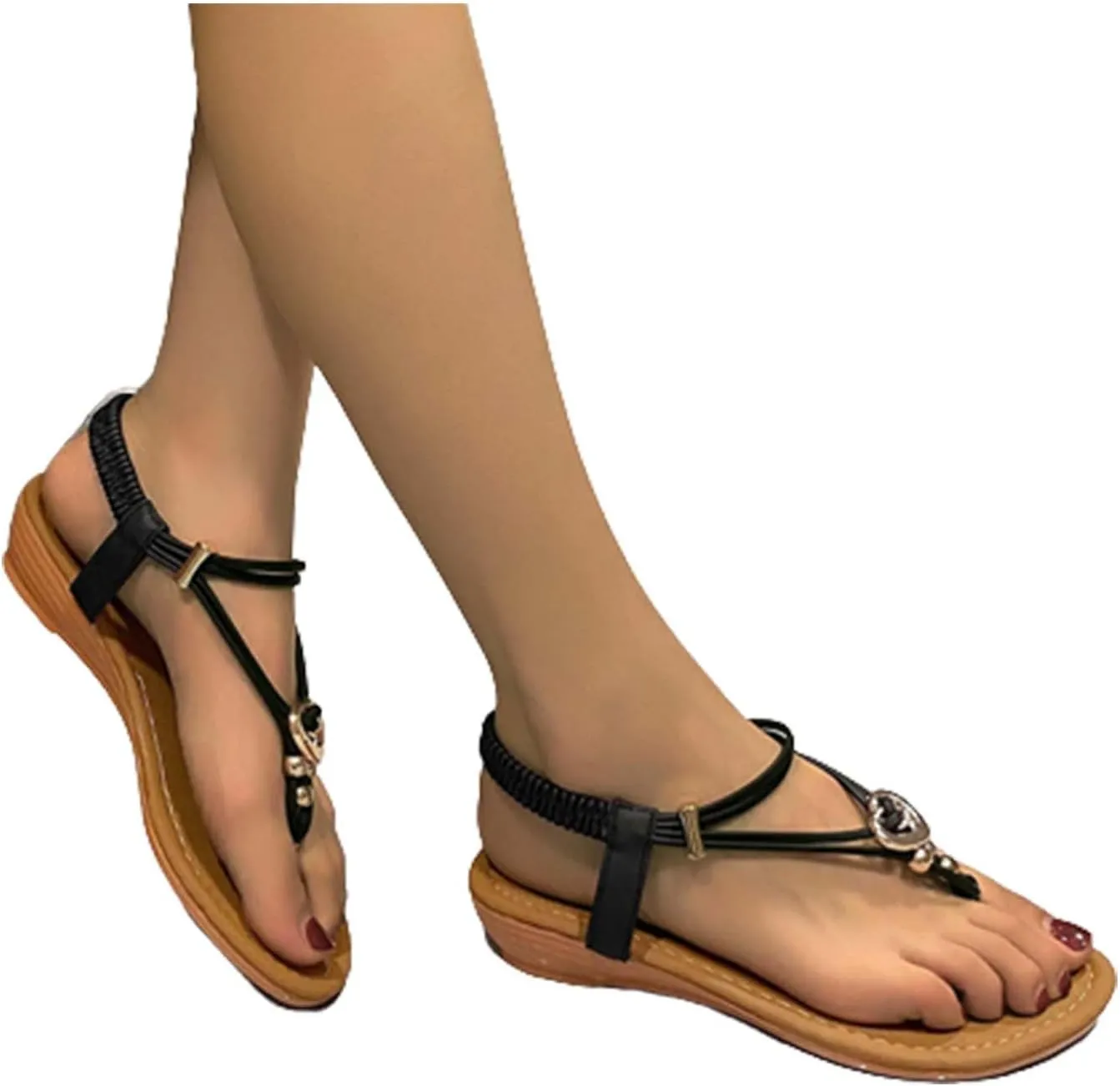 Women's Sandals Beach Beaded Ankle Walking Strap Casual Flip Flops Ladies Sexy Flat Shoes Platform Sandals