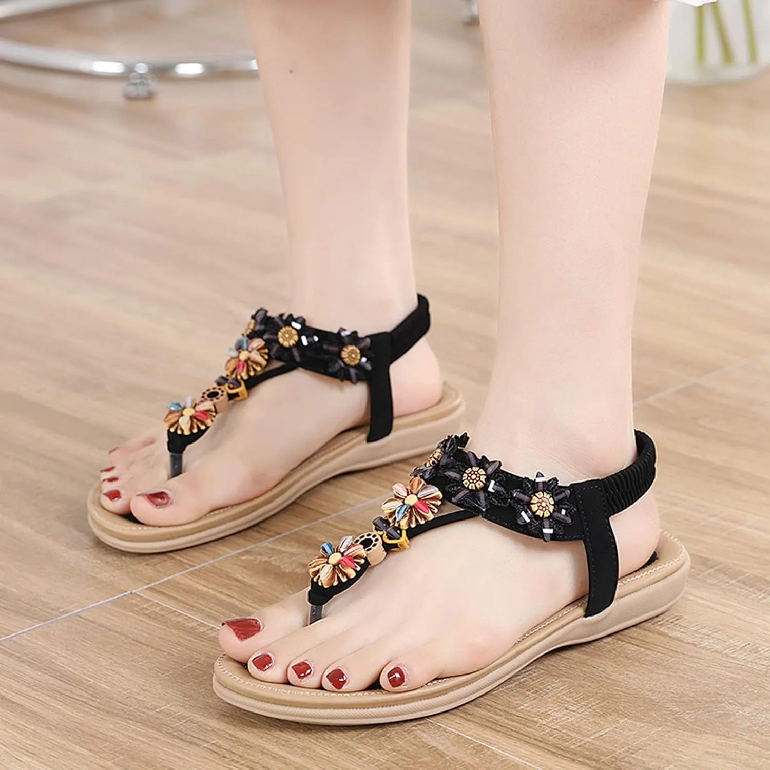 Womens Thong Sandal Bohemia Flowers Party Dress Shoes Elastic Ankle Strap Slip On Casual Beach Wedges Sandal