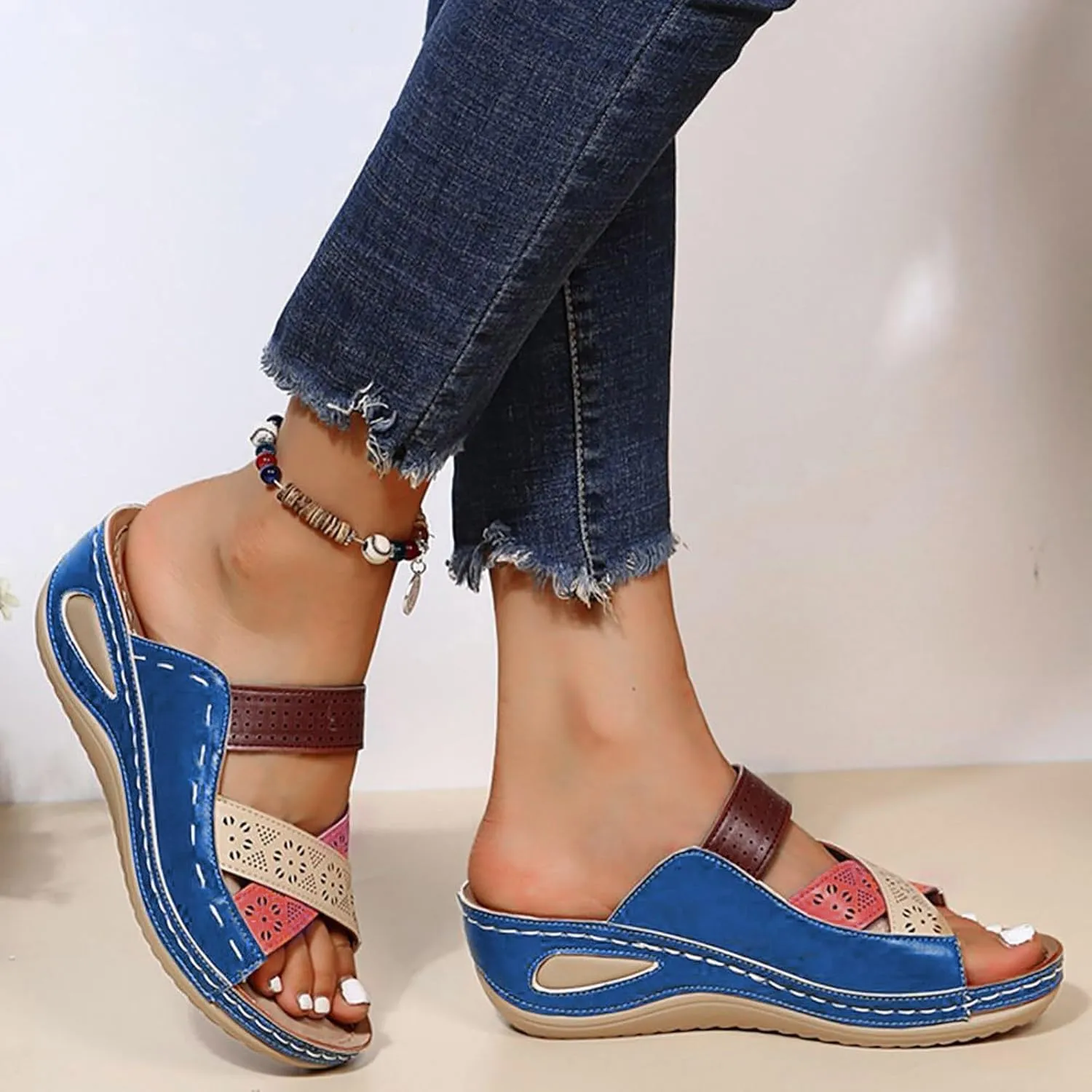 Womens Wedge Sandals Slip On,Hollow Leather Sport Sandals Rubber Sole Orthopedic Slippers Casual Slip On Summer Shoes