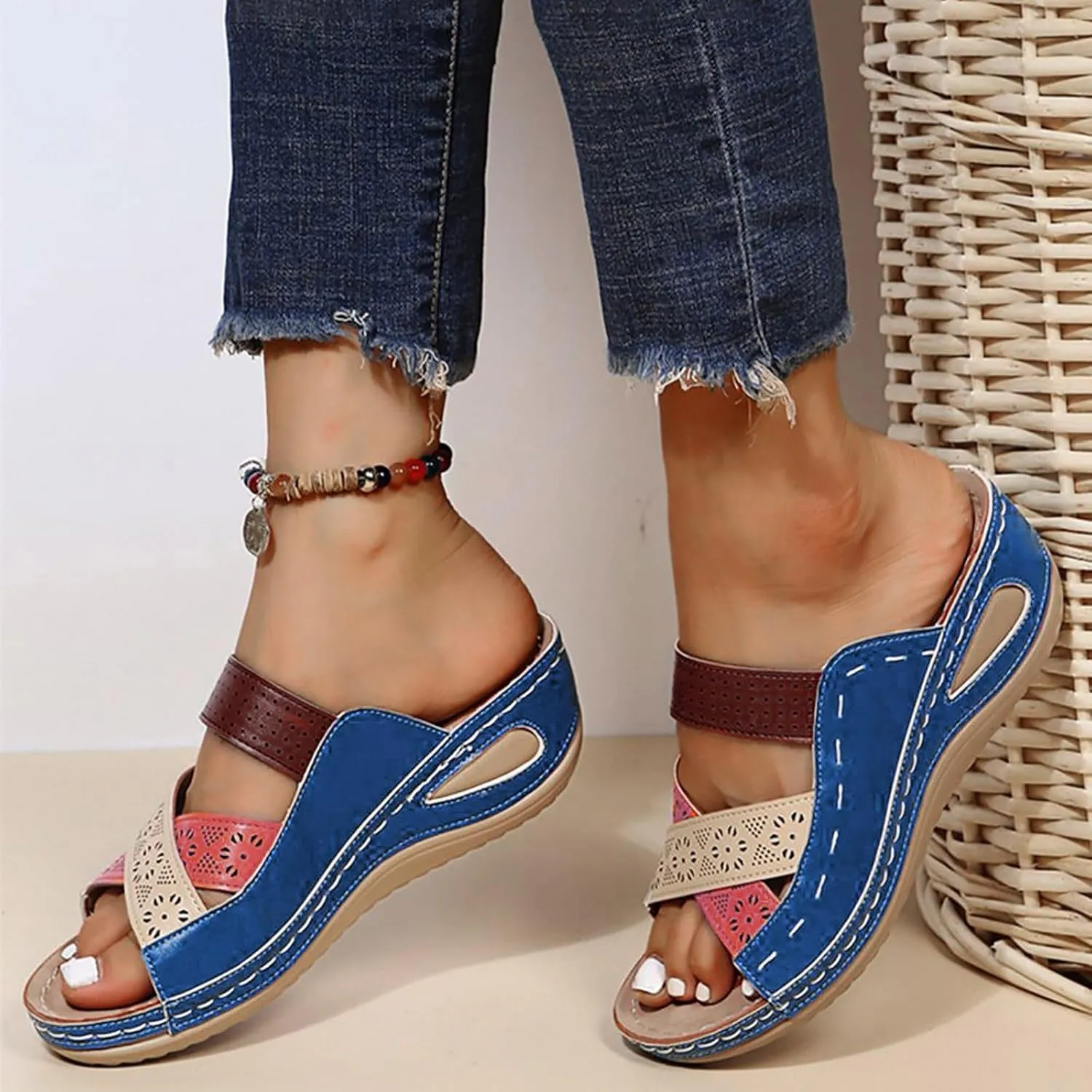 Womens Wedge Sandals Slip On,Hollow Leather Sport Sandals Rubber Sole Orthopedic Slippers Casual Slip On Summer Shoes