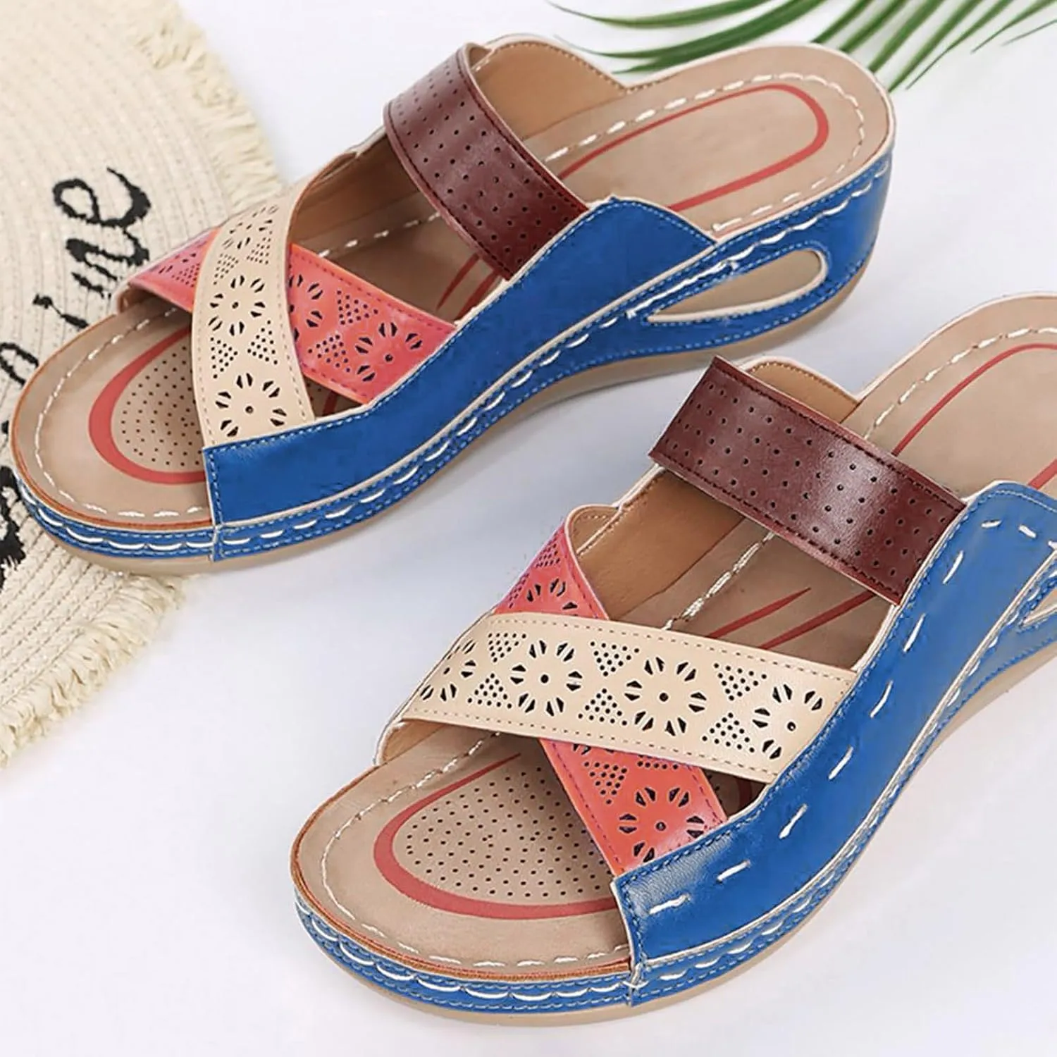 Womens Wedge Sandals Slip On,Hollow Leather Sport Sandals Rubber Sole Orthopedic Slippers Casual Slip On Summer Shoes