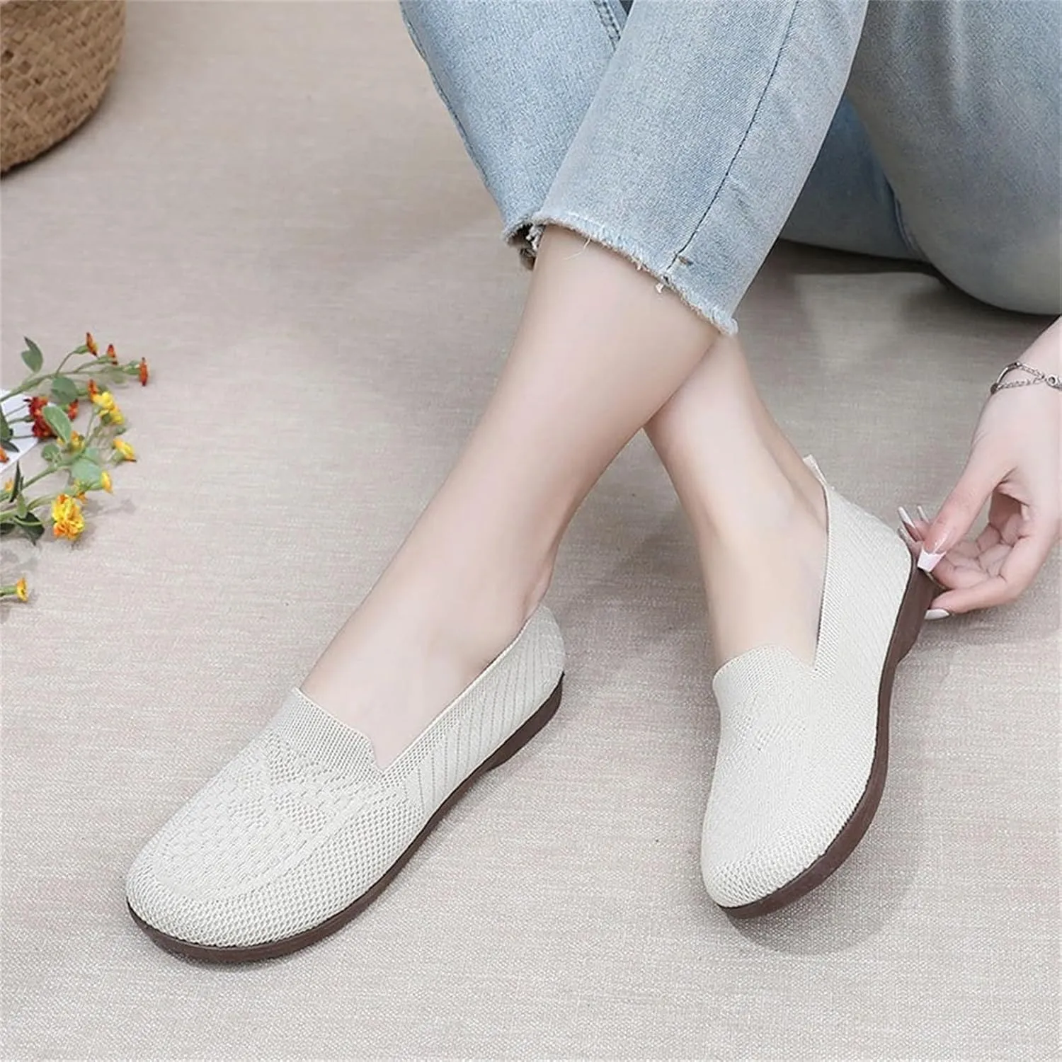 Women's Woven Orthopedic Breathable Soft Shoes Arch Support, Mesh Anti Slip Sports Shoes Comfortable Low Heel Slip on Sneaker