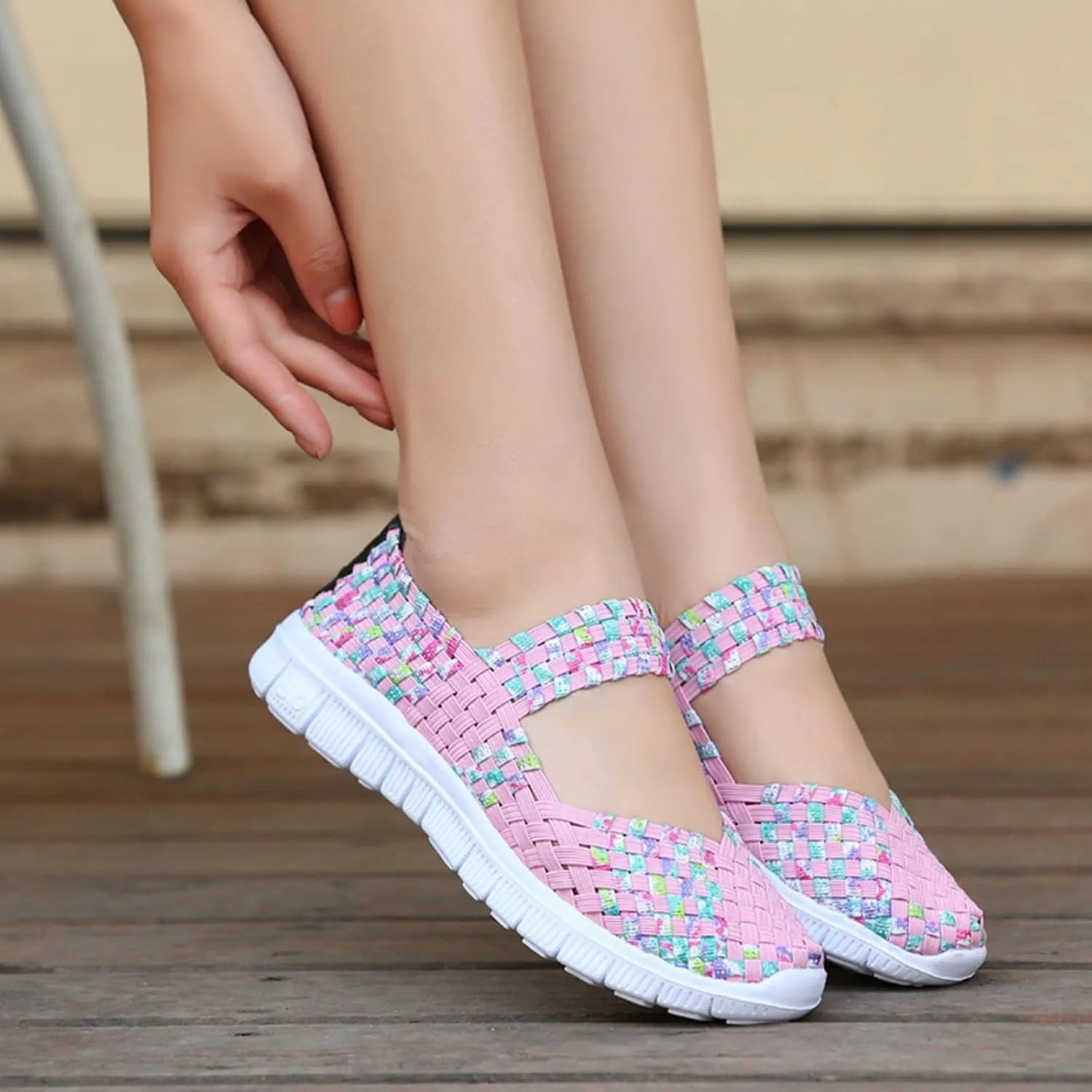 Women's Woven Walking Shoes Comfy Casual Non Slip Mary Jane Sneakers Nurse Flats Slip On Loafers Lightweight Breathable Sneaker Comfy Slip On Ballet Shoe