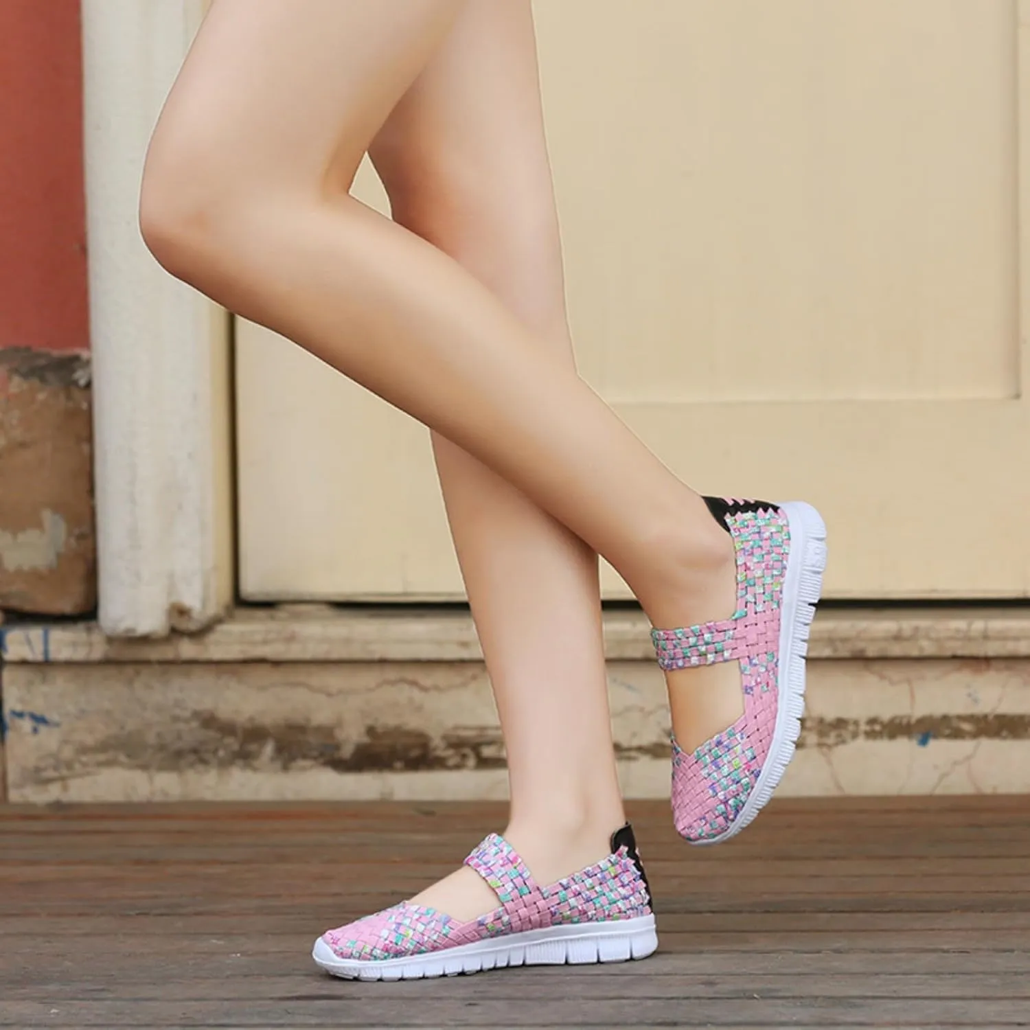 Women's Woven Walking Shoes Comfy Casual Non Slip Mary Jane Sneakers Nurse Flats Slip On Loafers Lightweight Breathable Sneaker Comfy Slip On Ballet Shoe