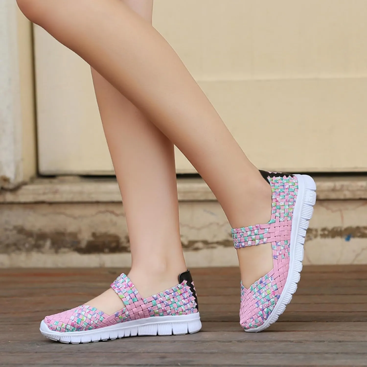 Women's Woven Walking Shoes Comfy Casual Non Slip Mary Jane Sneakers Nurse Flats Slip On Loafers Lightweight Breathable Sneaker Comfy Slip On Ballet Shoe